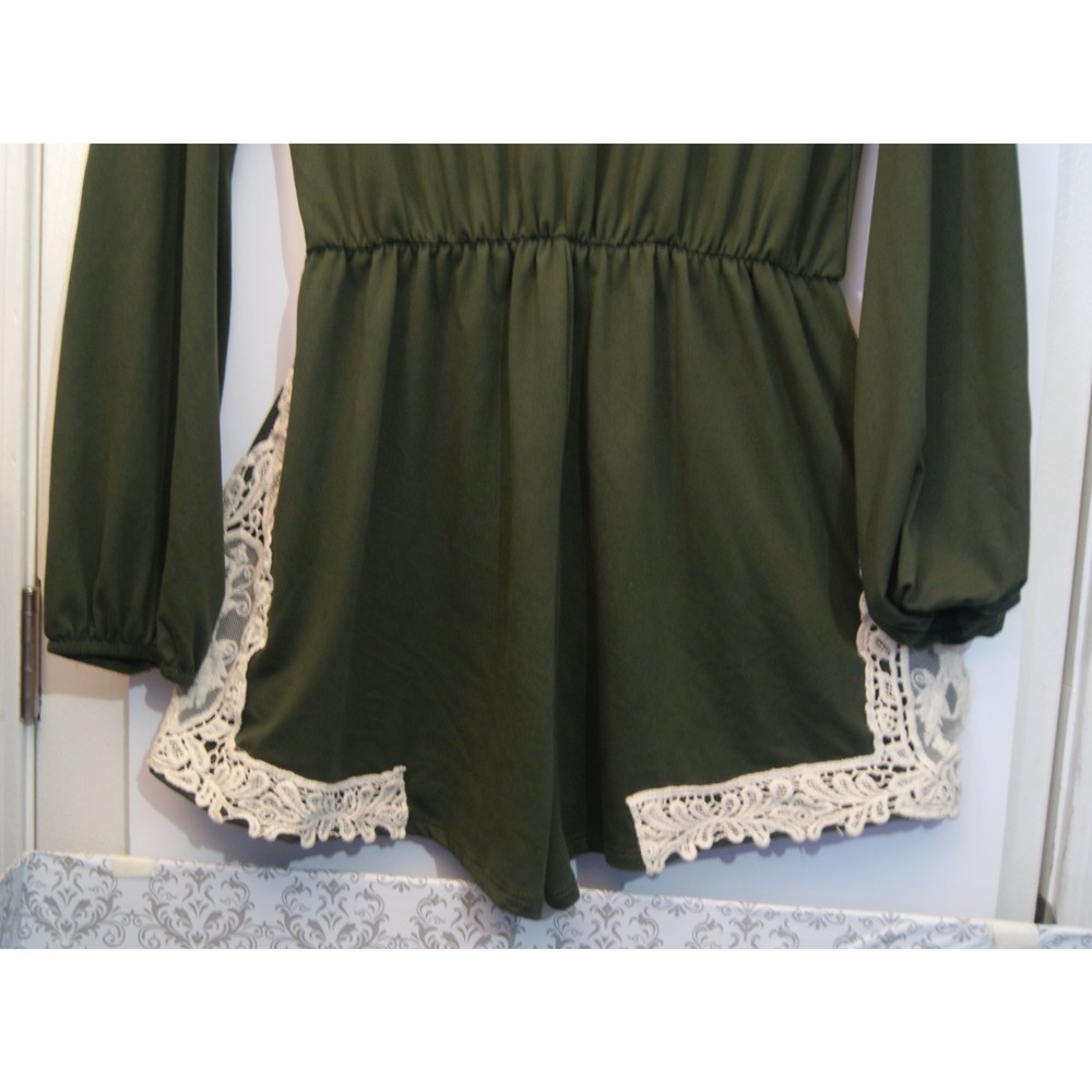Alter'd State Small Green Romper Lace Detailing & Gathered Long Sleeves Olive